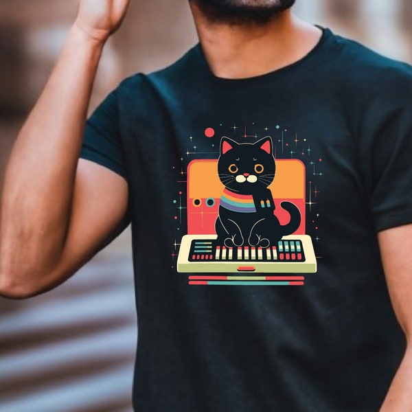 Retro synth cat Tshirt cat tshirt t-shirt synthesizer cat synthesiser cat keyboard cat cat gift cat owner pet owner christmas gift feline