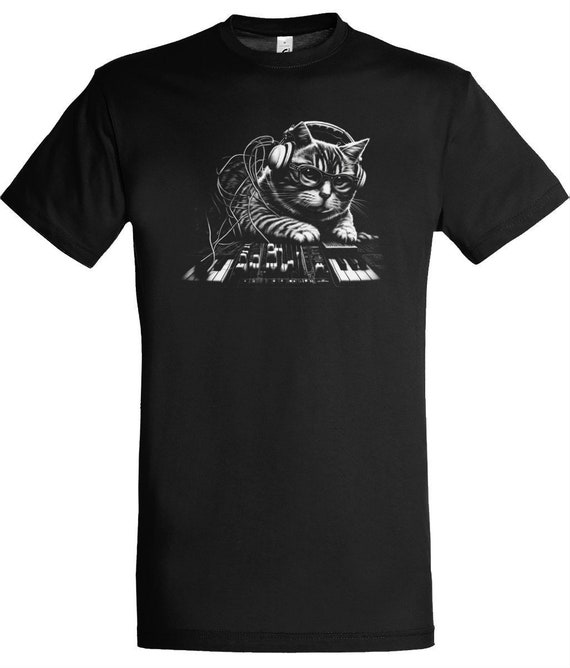 Keyboard Cat Black T shirt Composer Musician DJ Techno Cat in Headphones Etsy