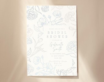 Hand Drawn Blue Floral Bridal Shower Invite Template - Editable Bridal Shower Invite - Instant Download Bridal Shower Invite