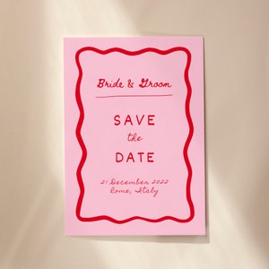 Hand Drawn Wavy Border Pink and Red Save The Date Template - Editable Wedding Save The Date - Instant Download Wedding Save The Date