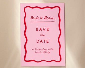 Hand Drawn Wavy Border Pink and Red Save The Date Template - Editable Wedding Save The Date - Instant Download Wedding Save The Date