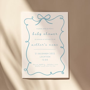 Handgetekende lichtblauwe strik babyshower uitnodiging sjabloon - bewerkbare babyshower uitnodiging - Instant Download babyshower uitnodiging