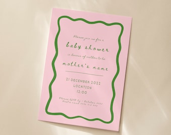 Hand Drawn Wavy Border Pink and Green Baby Shower Invite Template - Editable Baby Shower Invite - Instant Download Baby Shower Invite