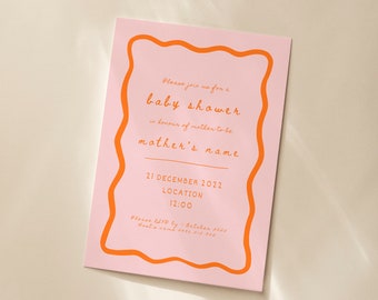 Hand Drawn Wavy Border Pink and Orange Baby Shower Invite Template - Editable Baby Shower Invite - Instant Download Baby Shower Invite