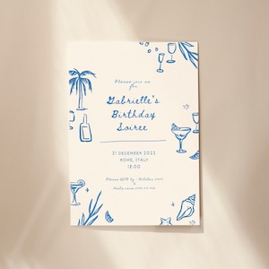Hand Drawn Blue Illustrated Beach Birthday Soiree Invite Template - Editable Birthday Invite - Instant Download Birthday Invite