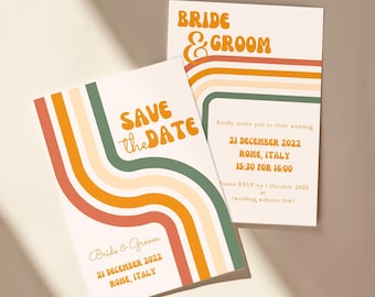 Groovy Retro Wedding Invite & Save The Date Templates - Editable Wedding Invite - Instant Download Wedding Invite