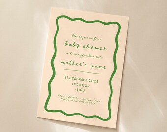Hand Drawn Wavy Border Beige and Green Baby Shower Invite Template - Editable Baby Shower Invite - Instant Download Baby Shower Invite