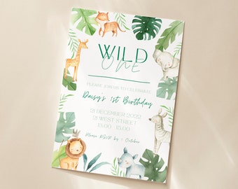 Wild One Safari Einladungsvorlage zum 1. Geburtstag – Bearbeitbare Geburtstagseinladung – Sofortiger Download der Geburtstagseinladung