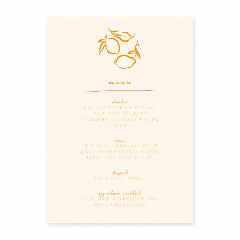May include: A cream-colored menu card with an orange illustration of lemons and leaves at the top. The menu lists starters, main courses, dessert, and a signature cocktail. The text is in a simple, elegant font.