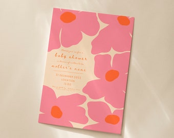 Bold Flowers Pink and Beige Baby Shower Invite Template - Editable Baby Shower Invite - Instant Download Baby Shower Invite