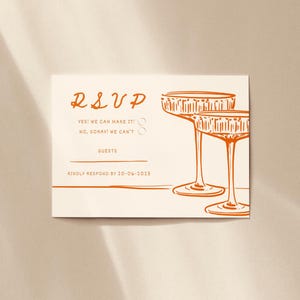 Modelo de cartão RSVP ilustrado com champanhe Orange Coup desenhado à mão - Cartão RSVP editável - Cartão RSVP para download instantâneo