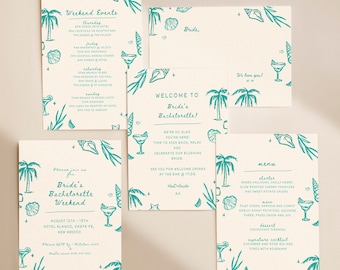 Hand Drawn Illustrated Sea Green Beach Bachelorette Weekend 5 Piece Invite Set Template - Editable Bachelorette Invite - Instant Download