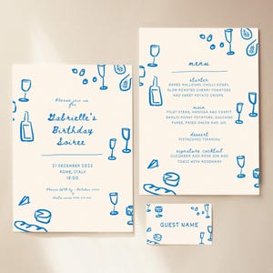 Handgezeichnete blau illustrierte Geburtstags-Soiree-Set-Vorlage - Bearbeitbare Geburtstagseinladung, Menü und Namenskarte - Sofortiger Download Geburtstagseinladung