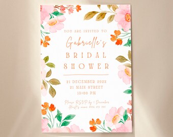 Floral Border Orange Pink and Rust Bridal Shower Invite Template - Editable Bridal Shower Invite - Instant Download Bridal Shower Invite