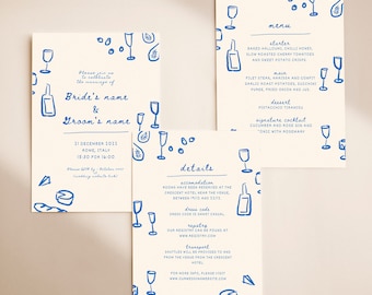 Plantilla de invitación de boda de 3 piezas en azul y beige ilustrada a mano - Invitación de boda editable - Invitación de boda de descarga instantánea