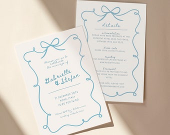 Hand Drawn Illustrated Blue Bow Wedding Invite Set Template - Editable Wedding Invite - Instant Download Wedding Invite