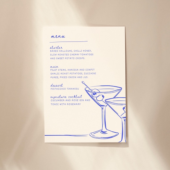 Hand Drawn Blue Illustrated Cocktail Menu Template - Editable Menu Invite - Instant Download Menu Template