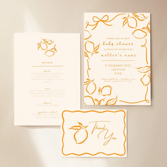 Hand Drawn Lemon Bow Orange Baby Shower Invite Set Template - Editable Baby Shower Invite - Instant Download Baby Shower Invite