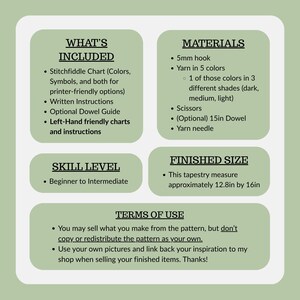 May include: A light green informational graphic with black text detailing a crochet pattern. Sections include What's Included, Materials listing a 5mm hook and 15in dowel, Skill Level, Finished Size of 12.8in by 16in, and Terms of Use for the pattern.
