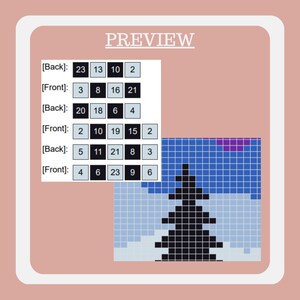May include: A digital pattern guide labeled PREVIEW with rows of numbered squares marked Back and Front, alongside a pixel art grid showing a black pine tree silhouette against a blue sky with a purple sun on a light pink background.
