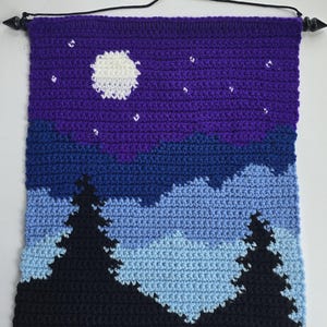 May include: A rectangular crochet wall hanging featuring a night landscape with a white moon and small white stars against a purple sky. Below the sky are layers of blue mountains and two large black pine trees in the foreground. A black cord hangs from a black rod.