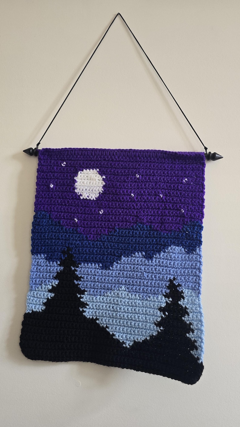 May include: A rectangular crochet wall hanging featuring a night landscape with a white moon and small white stars against a purple sky, layered over dark blue and light blue mountains, with two black pine tree silhouettes in the foreground.