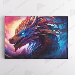 Gorgeous Dragon Painting: Vibrant Sky and Glowing Print - Art by PEPrintz