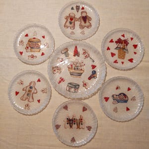 Vintage set van 7 handgemaakte omgekeerde decoupage glasplaten.