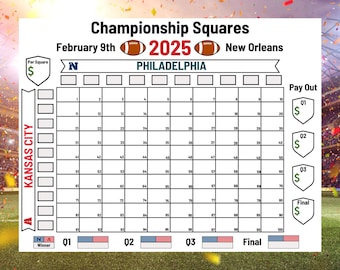 Printable Super Bowl Boxes, Super Bowl Pool Squares, 100 Squares Pool, Super Bowl Fundraiser Pool, Football Super Bowl Pool Template