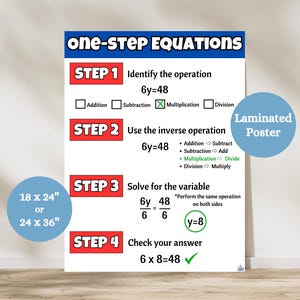 May include: A laminated poster with the title "One-Step Equations" and a four-step guide to solving equations. The poster includes a sample equation, "6y=48", and shows how to solve it by dividing both sides by 6. The poster is 18 inches by 24 inches or 24 inches by 36 inches.