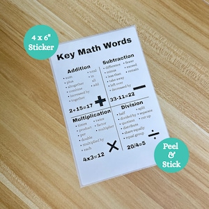 May include: A white 4 x 6 inch sticker with the text "Key Math Words" in black. The sticker lists math terms for addition, subtraction, multiplication, and division. A green circle sticker says "Peel & Stick".