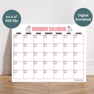 May include: Printable workout calendar with a pink and black design. The calendar is 8.5 inches by 11 inches and is a PDF file. The calendar has a title that says "Workout Calendar" and has a black and white illustration of a bicep. The calendar has days of the week listed across the top and has boxes for each day of the month.