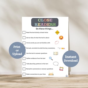 Close Reading Checklist | Close Reading Poster | Printable Reading Checklist | Reading Comprehension | ELA Classroom Decor