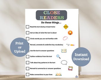 Close Reading Checklist | Close Reading Poster | Printable Reading Checklist | Reading Comprehension | ELA Classroom Decor