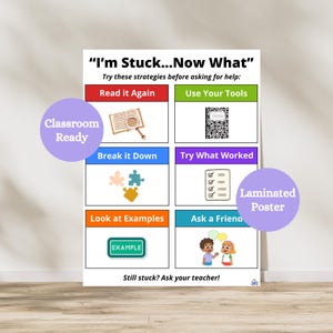May include: Laminated classroom poster titled "I'm Stuck...Now What?" with strategies for problem-solving. The poster features colorful boxes with text and illustrations, including a book, notebook, puzzle pieces, checklist, and children.
