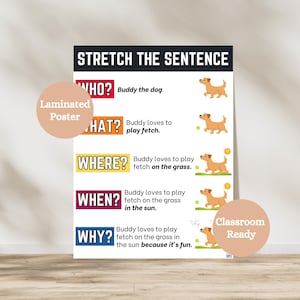 May include: Laminated poster with the text "STRETCH THE SENTENCE." The poster uses the questions "WHO?", "WHAT?", "WHERE?", "WHEN?", and "WHY?" to describe Buddy the dog playing fetch. Includes the text "Classroom Ready."
