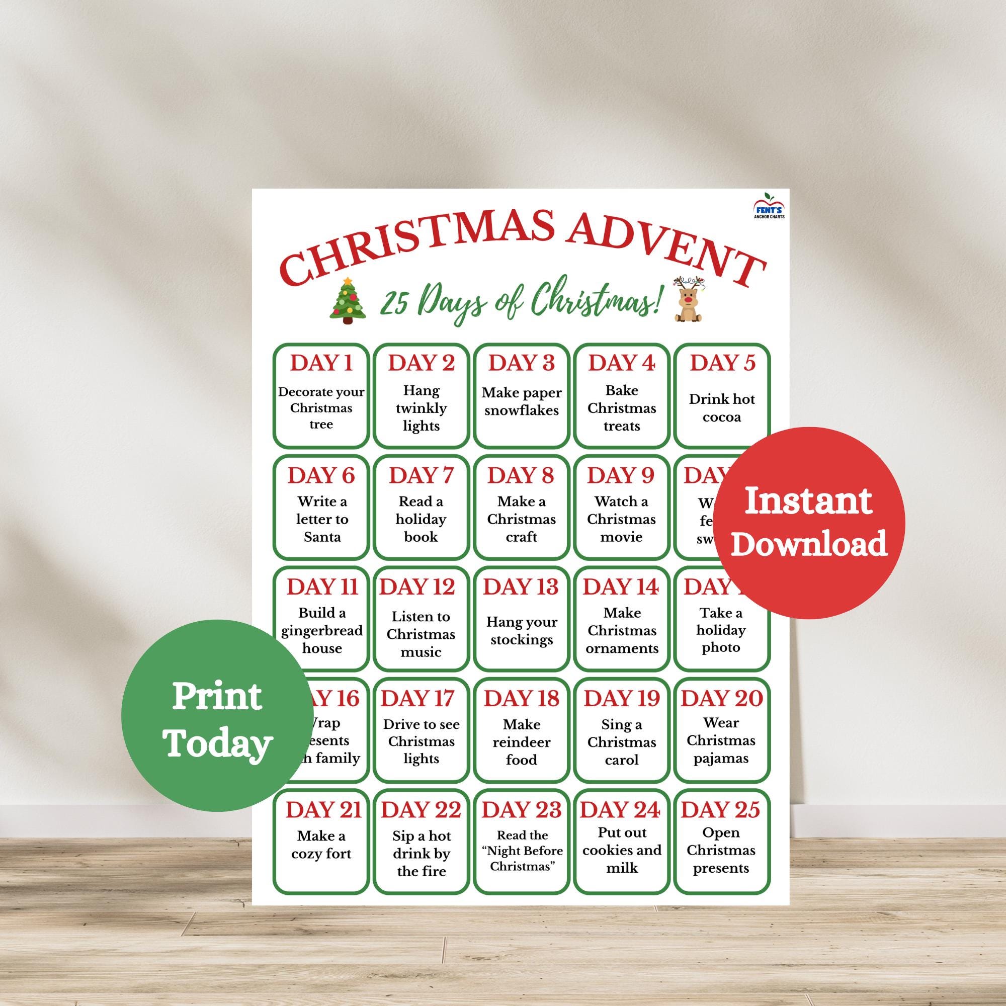 Christmas Advent Calendar, Printable 25 Days of Christmas Chart for ...
