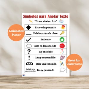 May include: A laminated poster with Spanish text and symbols for annotating text. The poster includes symbols for "important," "key word," "I understand," "I don't understand," and "I'm surprised." The poster is great for classrooms.