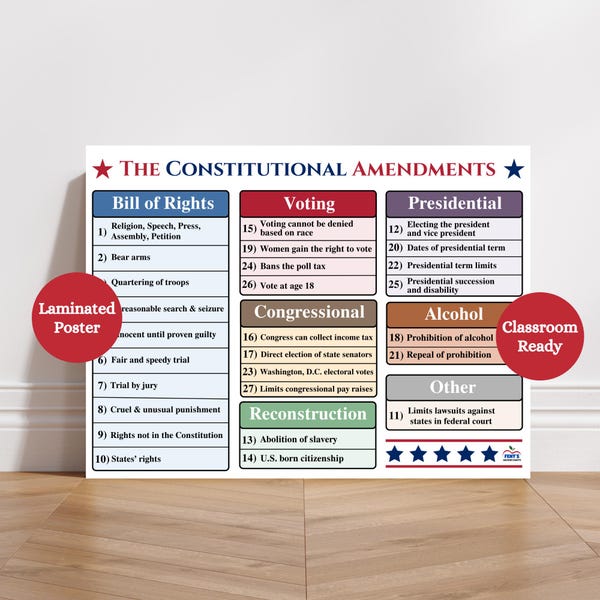 Constitutional Amendments Laminated Chart | Bill of Rights for Classrooms Poster