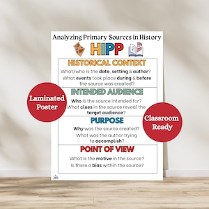 This Analyzing Primary Sources in History poster is a great resource of any social studies classroom. The chart is broken down by each part of the acronym and guiding questions are posed to support students.