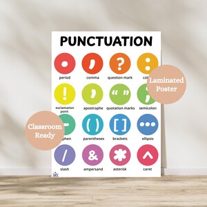 May include: A laminated poster titled "PUNCTUATION" displays various punctuation marks in colorful circles. Each circle contains a different mark, such as a period, comma, question mark, and exclamation point. The poster is labeled "Classroom Ready".
