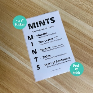 May include: A white 4 x 6 inch sticker with the word "MINTS" and a capitalization guide. The sticker includes the text "Peel & Stick" and is on a wooden surface.