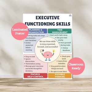 May include: A laminated poster titled "EXECUTIVE FUNCTIONING SKILLS" with sections on planning, time management, focus, and flexible thinking. The poster includes bullet points for each skill and a cartoon brain graphic. The words "Classroom Ready" are also visible.