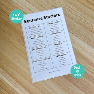 May include: A white 4 x 6 inch sticker with the title "Sentence Starters" and various writing prompts. The sticker includes sections for introductions, examples, and conclusions. A green circle with the text "Peel & Stick" is in the bottom right corner.