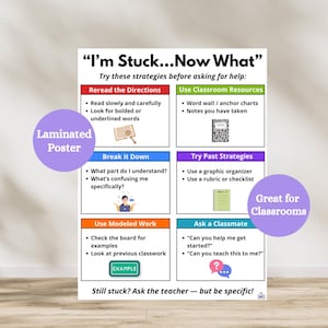 May include: A laminated poster with the text "I'm Stuck...Now What" and strategies for students to use before asking for help. The poster includes sections on rereading directions, using classroom resources, breaking down problems, and more. Great for classrooms.