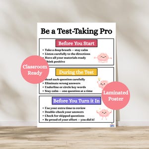 May include: Laminated poster titled "Be a Test-Taking Pro" with test-taking tips. The poster is divided into three sections: Before You Start, During the Test, and Before You Turn it In. Includes a pink "Classroom Ready" and "Laminated Poster" sticker.
