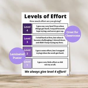 May include: Laminated poster titled "Levels of Effort" with a white background and black text. The poster has four levels of effort, each with a description. Includes the text "Great for Classrooms".