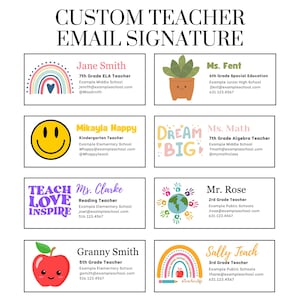 May include: A digital printable sheet with 10 colourful teacher email signature templates. Each template features a different illustration, teacher name, grade level, subject, email address, and phone number.