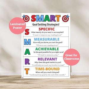 May include: Laminated poster with the word "SMART" in colorful letters, with goal-setting strategies. The poster includes sections for Specific, Measurable, Achievable, Relevant, and Time-Bound goals. Great for classrooms.