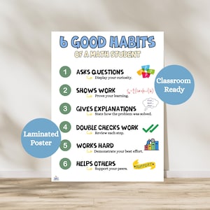 May include: A laminated poster titled "6 Good Habits of a Math Student." The poster lists six habits with accompanying graphics and text, including "Asks Questions," "Shows Work," and "Helps Others." A blue circle reads "Classroom Ready."